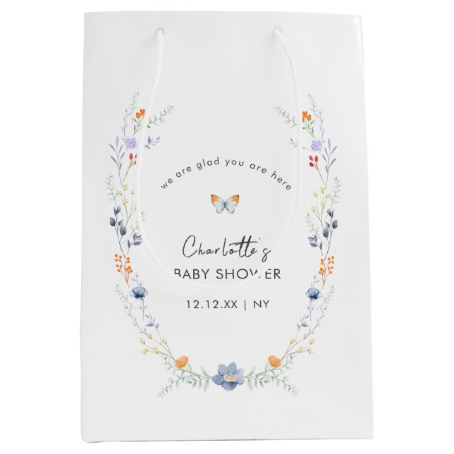 Minimalistisch Boho Butterfly Wildblume Babydusche Mittlere Geschenktüte (Vorderseite)