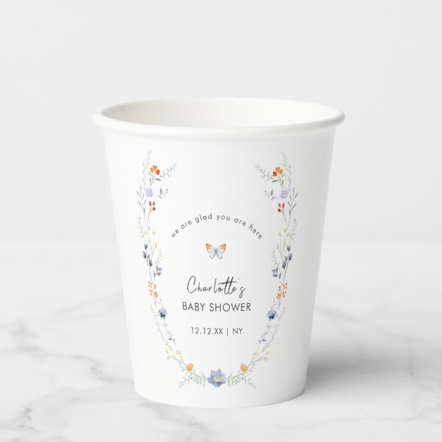 Minimalistisch Boho Butterfly Wildblume Babydusche Pappbecher (Vorderseite)