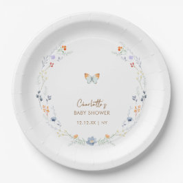 Minimalistisch Boho Butterfly Wildblume Babydusche Pappteller