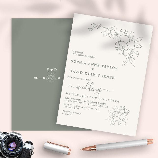 Minimalistisch Boho Elegant Sage Green Simple Wedd Einladung (elegant trendy modern sage green wedding, sage green wedding invitation, boho sage green invitation)
