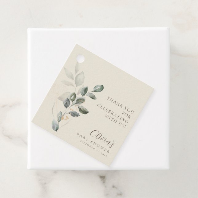 Minimalistisch Boho Gold Greenery Baby Shower Geschenkanhänger (Beispiel)