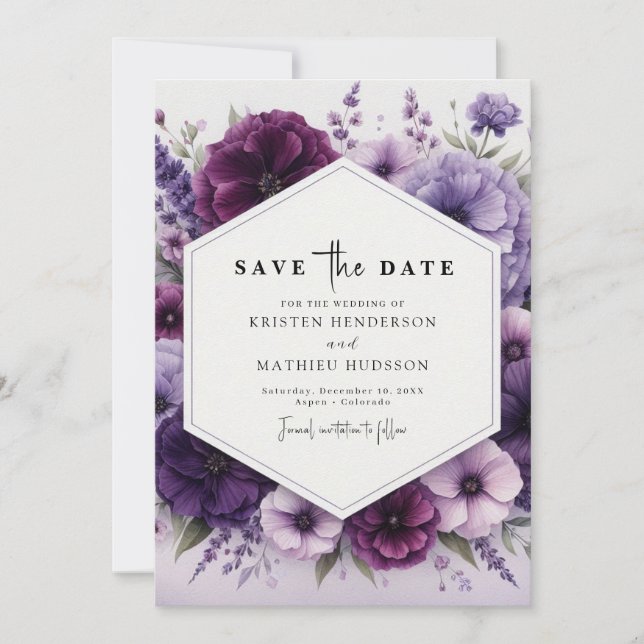 Minimalistisch Boho Lila Blumenhochzeit Save The Date (Vorderseite)