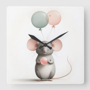 Minimalistisch Boho Maus Ballon Kinderzimmer Kinde Quadratische Wanduhr