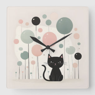 Minimalistisch Boho Niedlich Black Cat Kinderzimme Quadratische Wanduhr