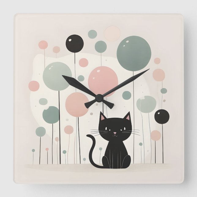 Minimalistisch Boho Niedlich Black Cat Kinderzimme Quadratische Wanduhr (Vorderseite)