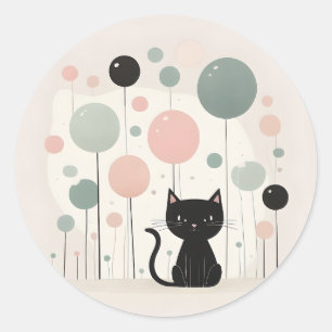 Minimalistisch Boho Niedlich Black Cat mit Balloon Runder Aufkleber
