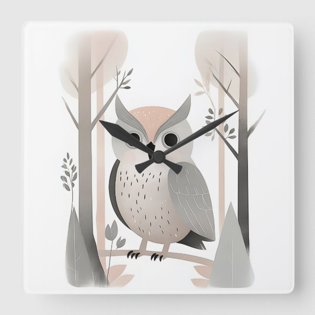 Minimalistisch Boho Owl im Kinderzimmer Woods Kind Quadratische Wanduhr (Vorderseite)