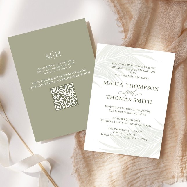 Minimalistisch Boho Palm Blätter Hochzeit Einladung (Elegant Boho tropical palm leaves wedding invitation. With a scannable QR Code. )