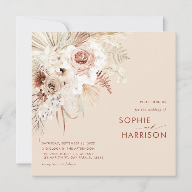 Minimalistisch Boho Pampas Grass Square Wedding Einladung (Vorderseite)