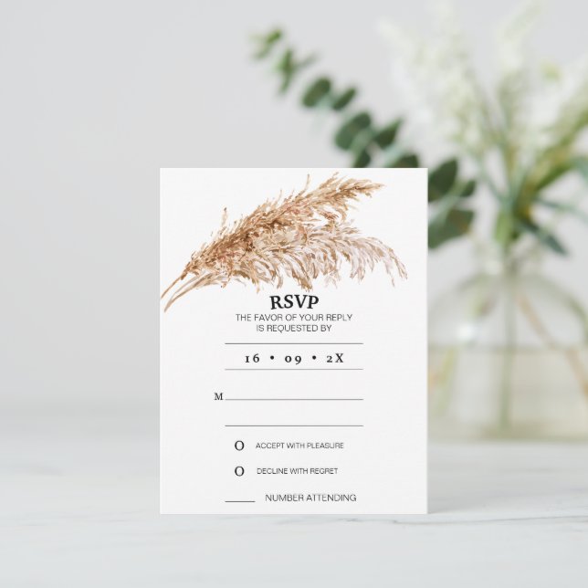 Minimalistisch Boho Pampas Grass Wedding RSVP Card Einladung (Stehend Vorderseite)