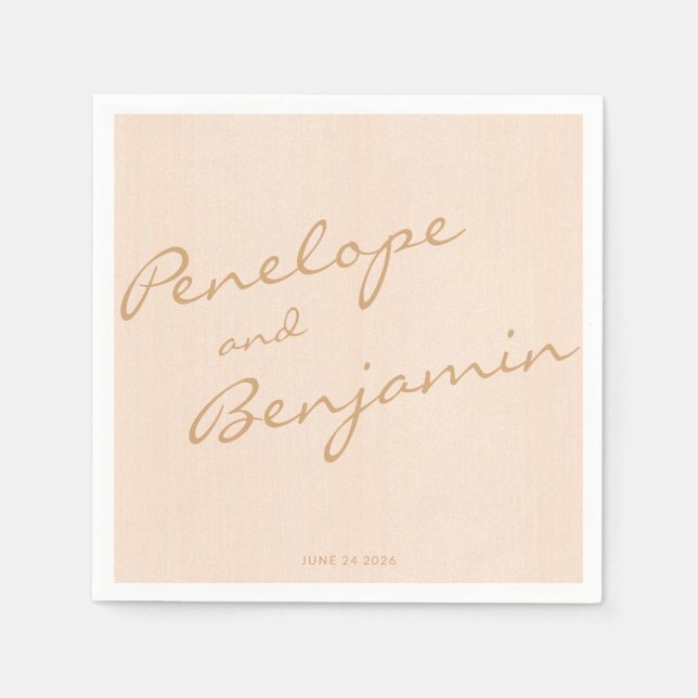 Minimalistisch Boho Peach Gold Script Wedding Cust Serviette (Vorderseite)