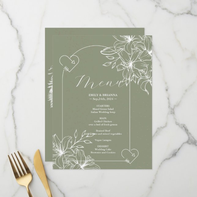 Minimalistisch Boho Sage Green Hochzeit Menükarte (Vorderseite/Rückseite Beispiel)