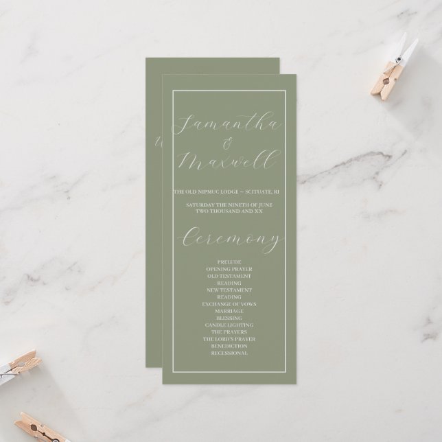 Minimalistisch Boho Sage Green Wedding Program (Vorderseite/Rückseite Beispiel)