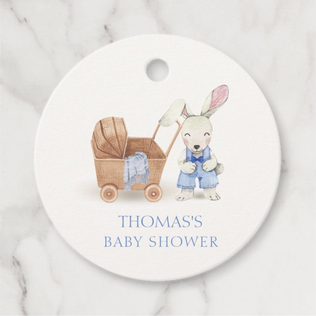 Minimalistisch Boho Stroller Rabbit Boy Babydusche Geschenkanhänger (Vorderseite)