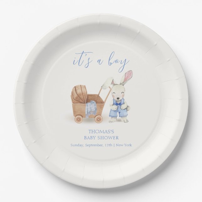 Minimalistisch Boho Stroller Rabbit Boy Babydusche Pappteller (Vorderseite)