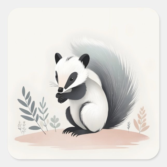 Minimalistisch Boho Sweet Skunk im Wald Quadratischer Aufkleber (Vorderseite)