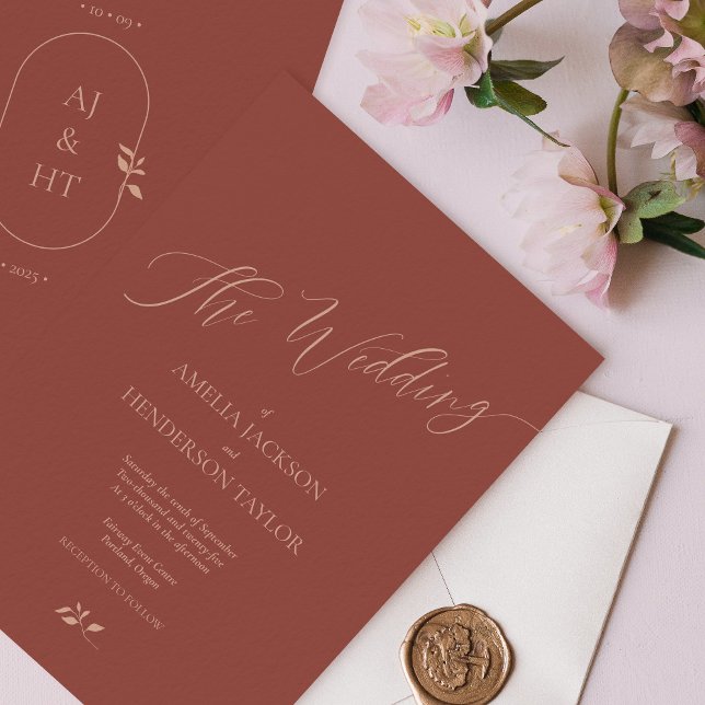 Minimalistisch Boho Terracotta Script Wedding Einladung (Terracotta minimalist bohemian wedding invitation)