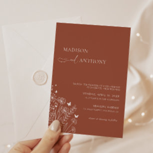 Minimalistisch Boho Terracotta Wildblume Wedding Einladung