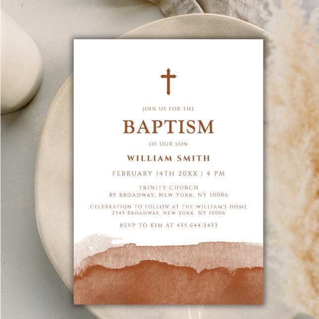 Minimalistisch Boho Wasserfarbe Terracotta Boy Tau Einladung (Minimalist Boho Watercolor Terracotta Boy Baptism Invitation)