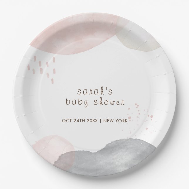 Minimalistisch Boho Watercolor Abstrakt Babydusche Pappteller (Vorderseite)