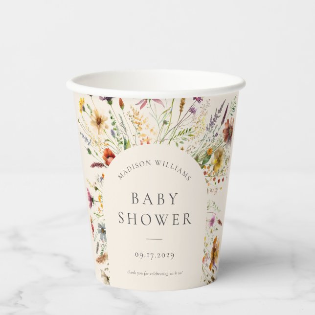 Minimalistisch Boho Wildblume Floral Baby Dusche Pappbecher (Vorderseite)