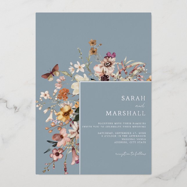 Minimalistisch Boho Wildblume Floral Wedding Folieneinladung (Vorderseite)