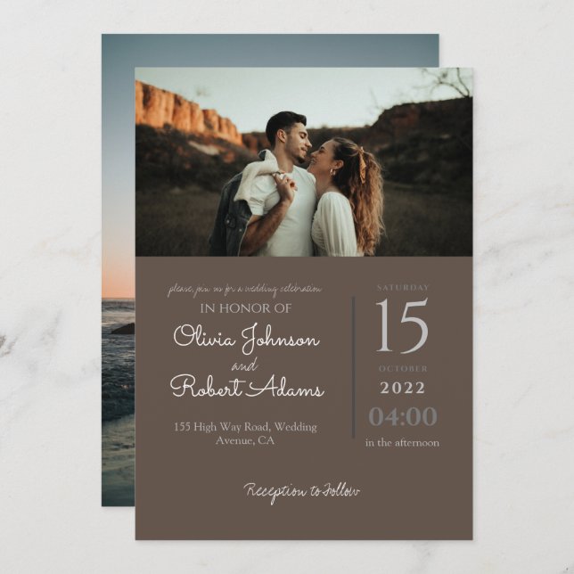 Minimalistisch Brown 2 Fotos Hochzeit Einladung (Vorne/Hinten)