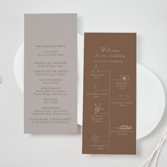Minimalistisch Brown Abend Boho Timeline Wedding Programm (Von Creator hochgeladen)