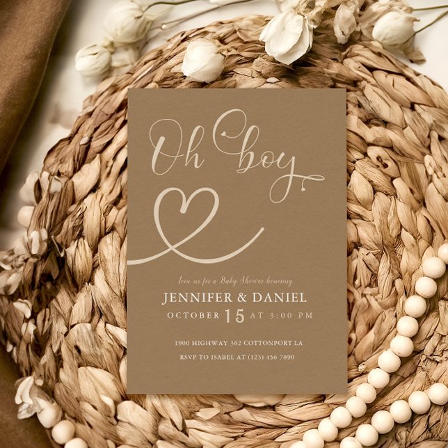 Minimalistisch Brown Tan Elegant Oh Boy Baby Showe Einladung (Von Creator hochgeladen)