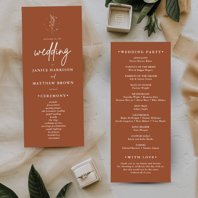 Minimalistisch Burnt Orange Boho Hochzeitsprogramm (Von Creator hochgeladen)