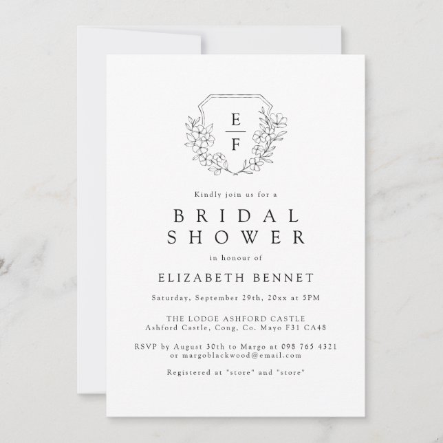 Minimalistisch Cherry Blossom Monogram Wappen Brid Einladung (Vorderseite)