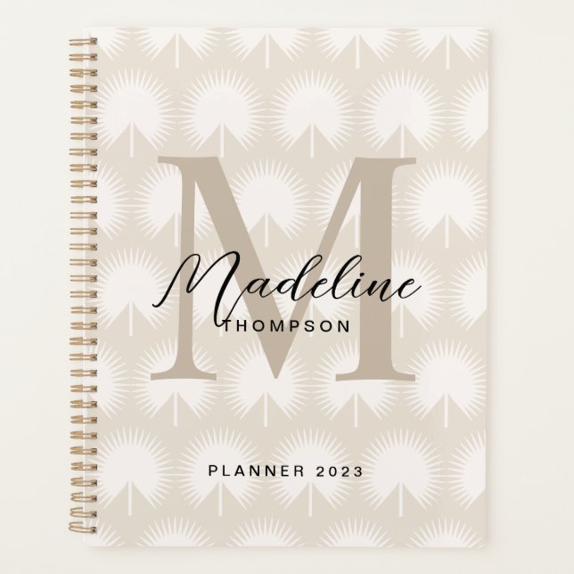 Minimalistisch Chic Beige Anahaw Leaf Script Monog Planer (Vorderseite)