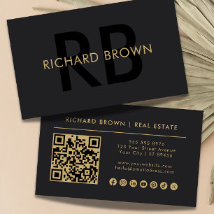 Minimalistisch Chic Black Gold Monogram QR Visitenkarte