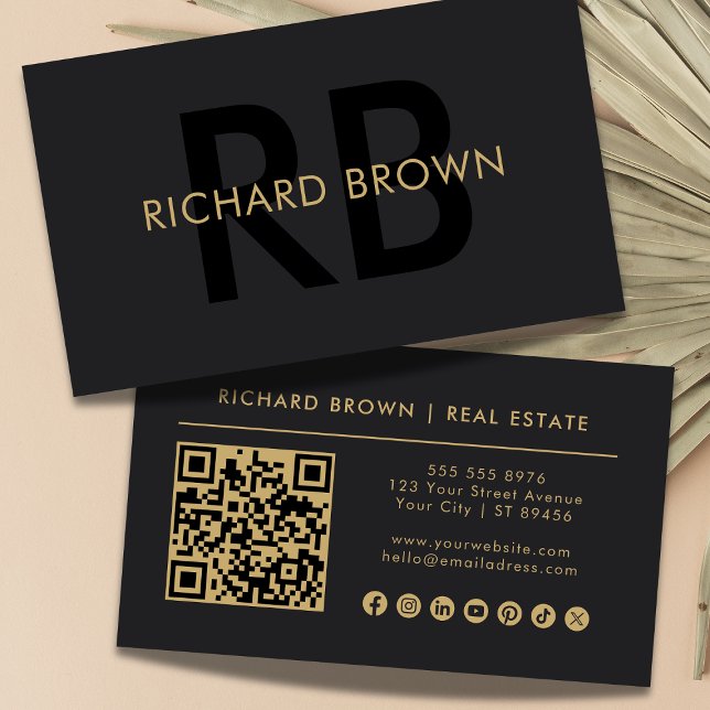 Minimalistisch Chic Black Gold Monogram QR Visitenkarte (Von Creator hochgeladen)