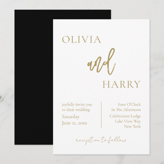 Minimalistisch Chic Hochzeit Einladung Gold Black (Vorne/Hinten)