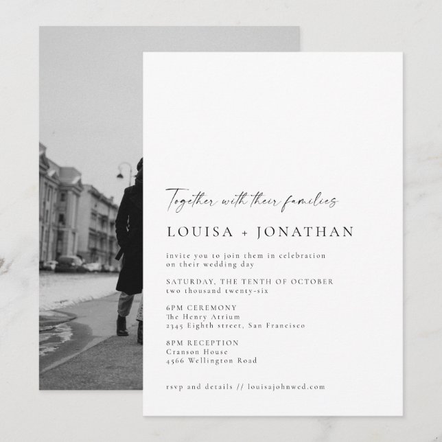 Minimalistisch Chic Schwarz-weiß Script Foto Hochz Einladung (Vorne/Hinten)