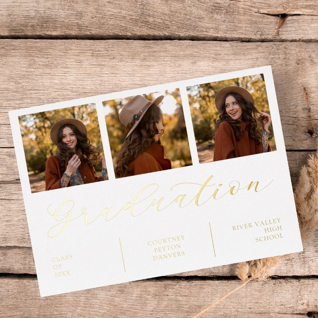 Minimalistisch Collage Abschluss 3 Fotos Real Silv Folieneinladung (Von Creator hochgeladen)