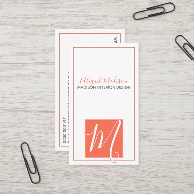 Minimalistisch Coral Elegant Script Monogram Visitenkarte (Vorderseite/Rückseite Beispiel)