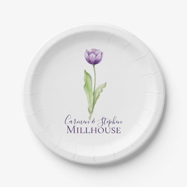 Minimalistisch Deep Lila Single Tulip Wedding Pappteller (Vorderseite)