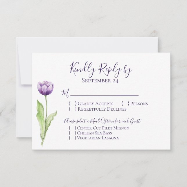 Minimalistisch Deep Lila Single Tulip Wedding RSVP (Vorderseite)