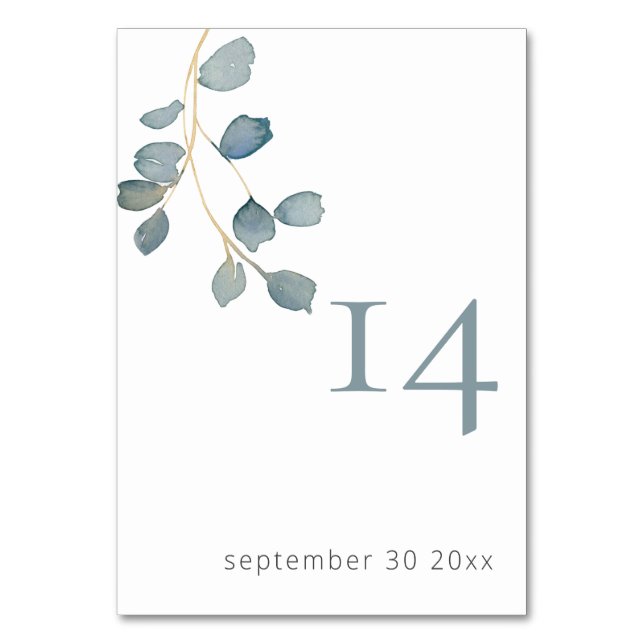 Minimalistisch Dusty Blue Botanical Wedding Tischnummer (Vorderseite)