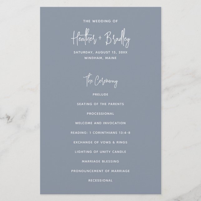 Minimalistisch Dusty Blue Modern Wedding Program (Vorderseite)
