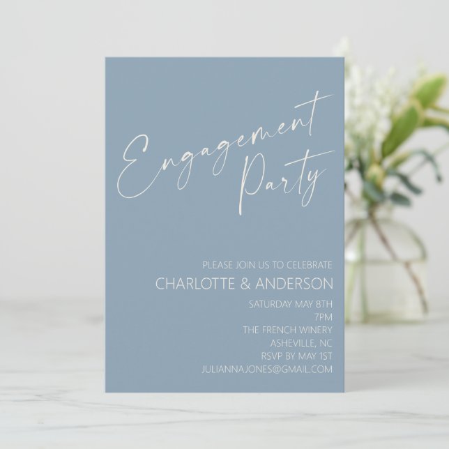 Minimalistisch Dusty Blue Script Engagement Party Einladung (Stehend Vorderseite)