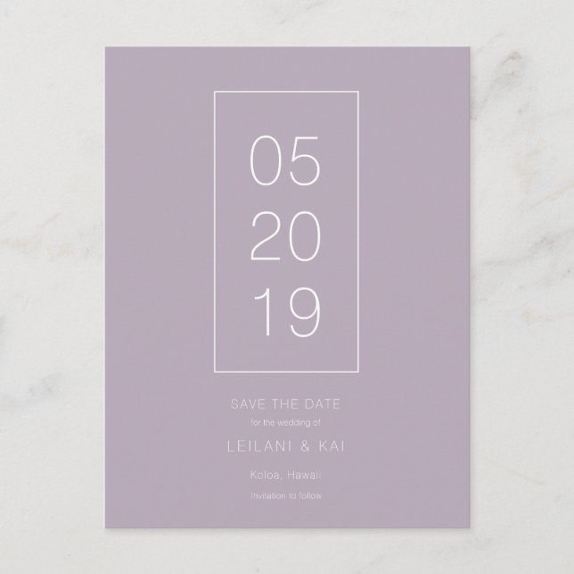 Minimalistisch Dusty Lilac Save the Date Postkarte (Vorderseite)