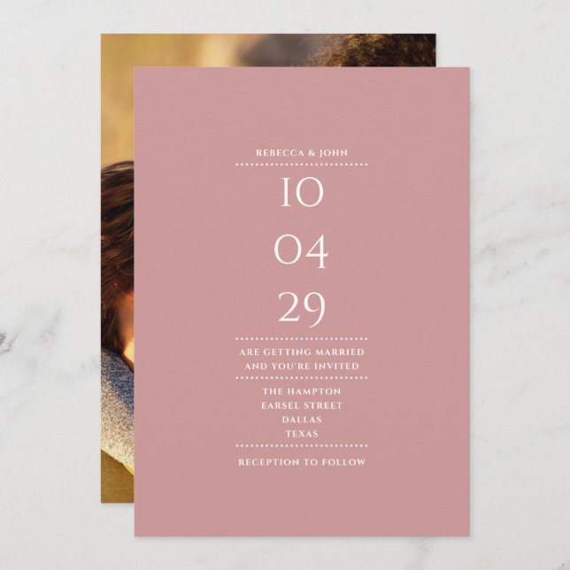 Minimalistisch Dusty Rose Foto Hochzeitstag Einladung (Vorne/Hinten)