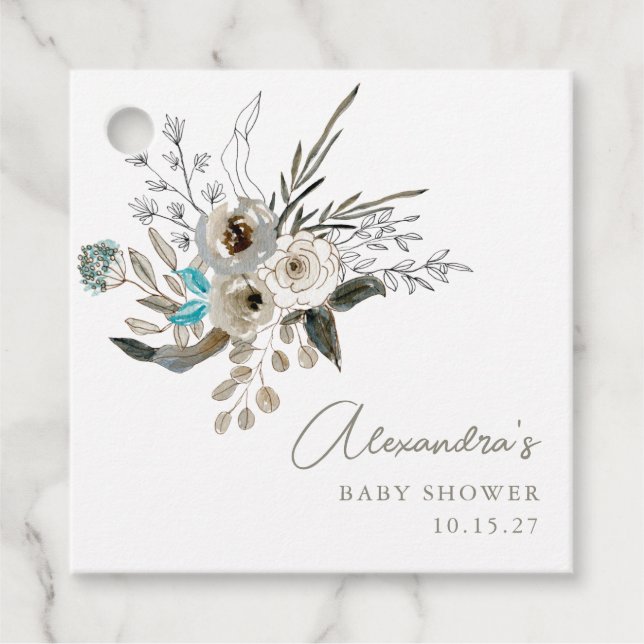 Minimalistisch Earthy Blue Botanical Baby Dusche Geschenkanhänger (Vorderseite)