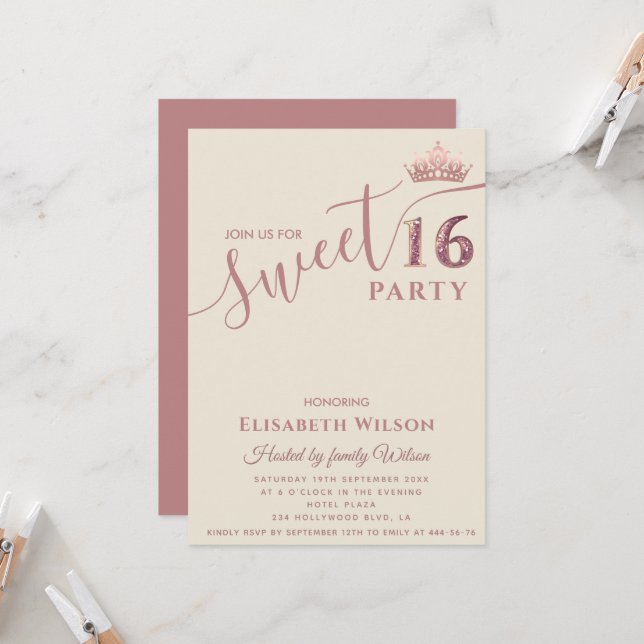 Minimalistisch Einfache Coole Rose Gold Tiara süß  Einladung (Vorderseite/Rückseite Beispiel)