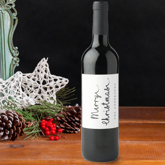 Minimalistisch Einfache Schwarz-weiße Bezeichnung  Weinetikett (Minimalist Simple Black White Name Merry Christmas Wine Label)