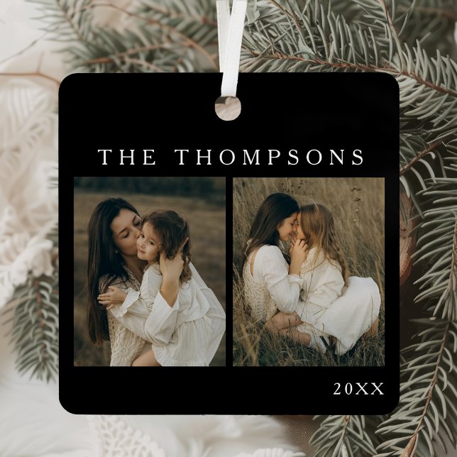 Minimalistisch Elegant Simple 4 Foto Black Christm Ornament Aus Metall (Von Creator hochgeladen)