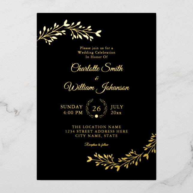 Minimalistisch Elegant Simple Black Gold Floral Folieneinladung (Vorderseite)